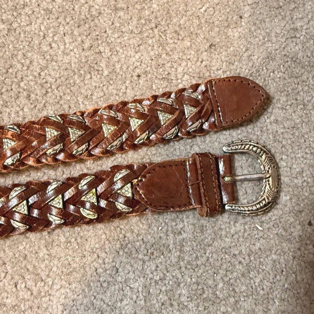 Vintage Brown Braided Leather Western Belt Silver Studded Boho Woven Medium